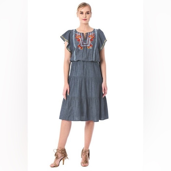 Women’s eShakti Wool Embellished Cotton Chambray Tier Dress Size 20W - Picture 1 of 12